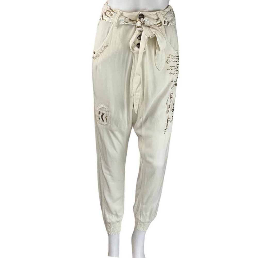 New Desigual Women's Designer Trousers Gold Sequins Jogger Pants Ivory Sz 34